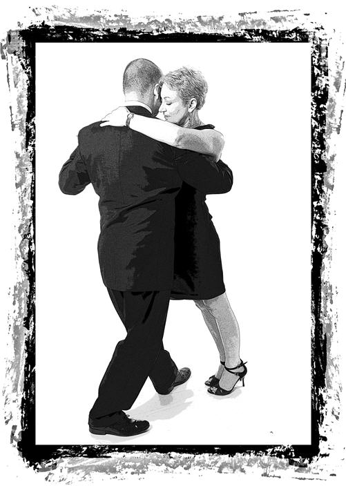 David and Ann in a close apilado embrace — a high-contrast black-and-white print with its own painted border